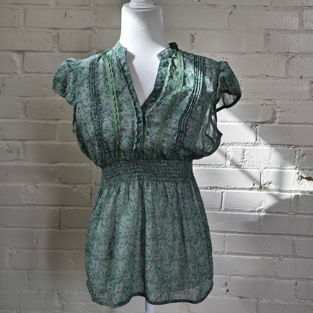 Semi-sheer Peplum Top ┃ Green w/ Cottagecore Purple Floral ┃Boho Candie’s Size L